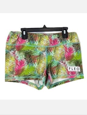 Fleo Green & Pink Palm Leaf Stretchy Workout Booty Shorts - Size Medium Womens